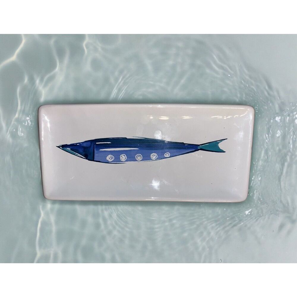 Boston International - 10" x 4.5" Ceramic Platter - Blue Fish Ocean Beach Summer